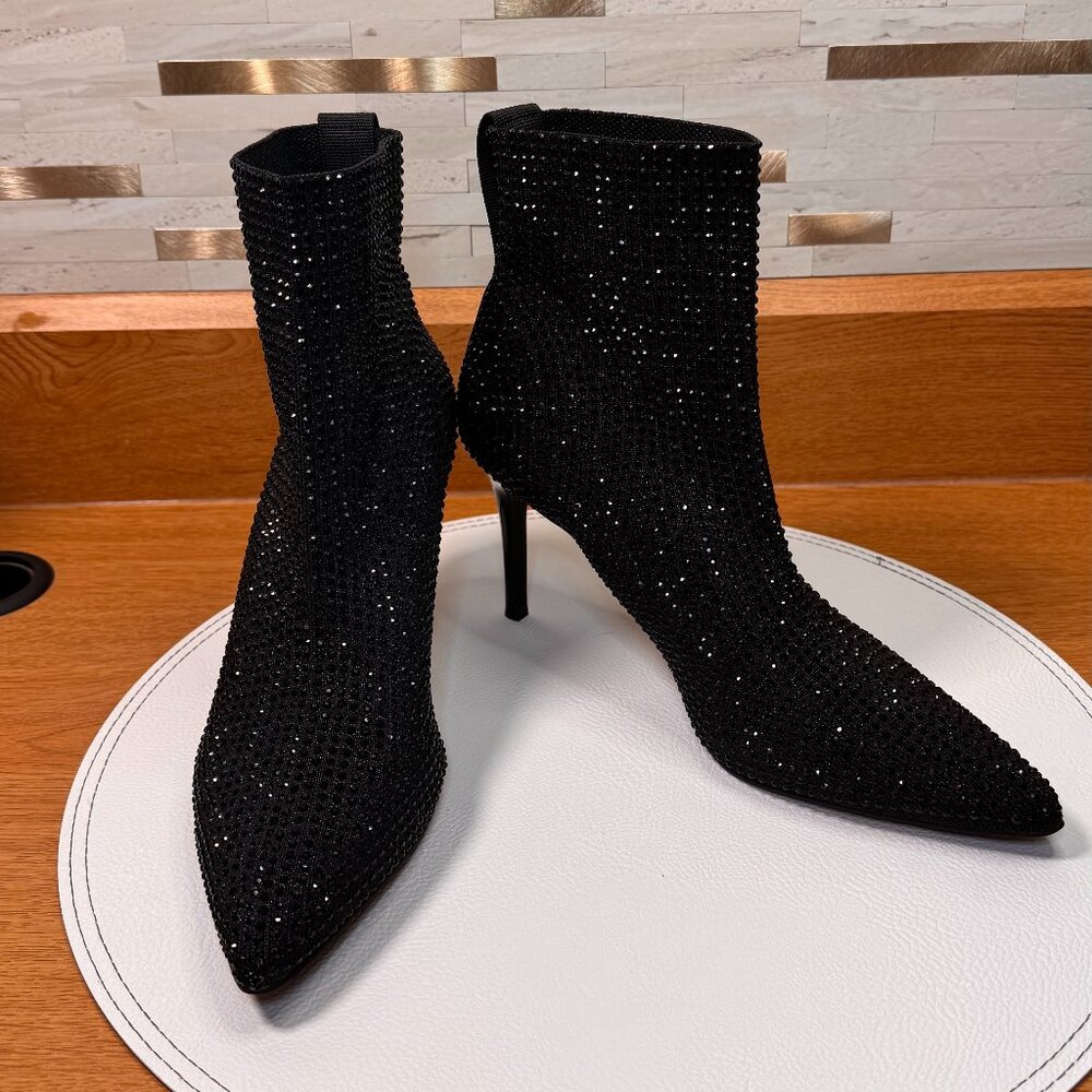 Women’s Black Rhinestone Ankle Booties Size 8 Pointed Toe Steven NY Steve Madden